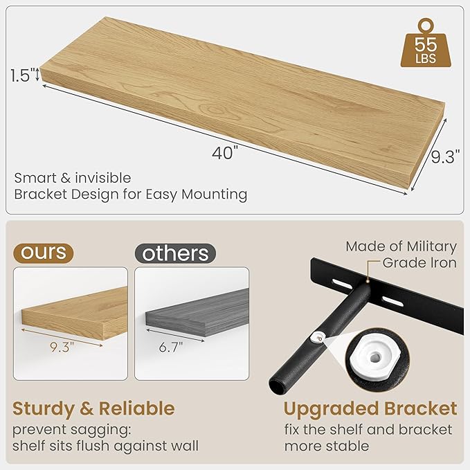 Fun Memories 40" W x 9.3" D Floating Shelves for Wall, Deep Long Floating Shelf for Home Bathroom, Bedroom, Living Room, Rustic Wood Wall Mounted Shelves for Books Decor, Oak