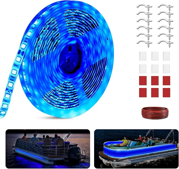20FT Marine LED Strip Lights for Pontoon, Boat LED Strip Lights 12V Waterproof, Ideal as Under Gunnel Lights, Deck Light, Boat Interior Light for Kayak, Jon Boat and Fishing Boats (Blue)