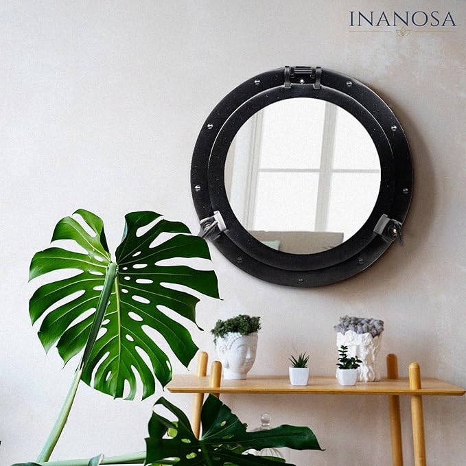 12 Inch Bathroom Wall Decor Ship Porthole Mirror with Black Finish – Vintage Round Wall Mounted Mirror for Bathroom Vanity, Nautical Pirate Coastal Vintage Home Décor