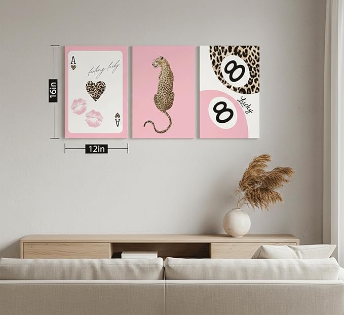 3Pcs Pink Trendy Leopard Print Canvas Wall Art, Fashion Cheetah Posters,Luxury Playing Card Pictures,Y2k Preppy Aesthetics Wall Decor for Girls' Room Bedroom Dorm Apartment. 16x12in Framed