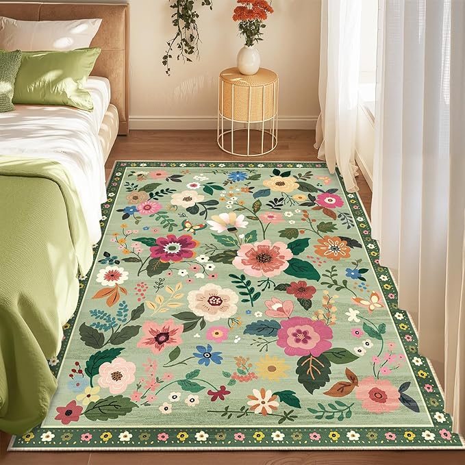 RELEANY Floral Nursery 4x6 Area Rugs Washable Print Boho Cute Carpet Non Slip Flower Low Pile for Living Room Kids Girls Playroom Bedroom Kitchen Office Farmhouse-Light Green