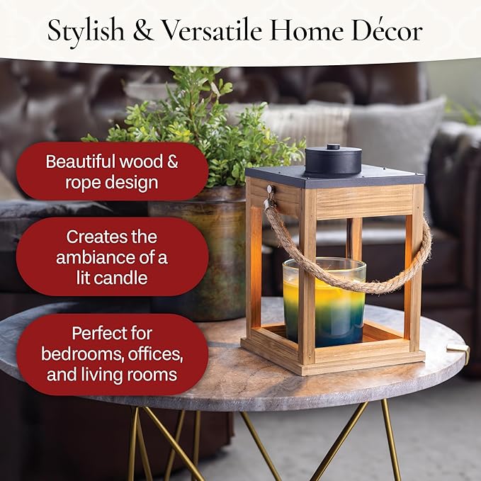 Candle Warmers Etc. Wood & Rope Lantern – for Top-Down Warming & Flame-Free Fragrance