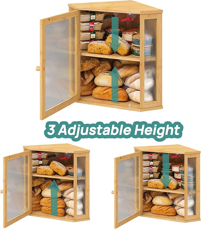 viewcare Corner Bread Box for Kitchen Counter, Bamboo Wood Large Capacity Bread Storage Bin with Acrylic Wavy Door Panel (Natural, Extra Large)