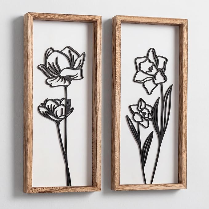 3D Black and White Wall Art (Set of 2) Lightweight, Wooden Ready-to-Hang Framed Floral Wall Art for Bathroom, Bedroom, Living Room or Office – Boho Botanical Farmhouse Decor – Gift-Boxed