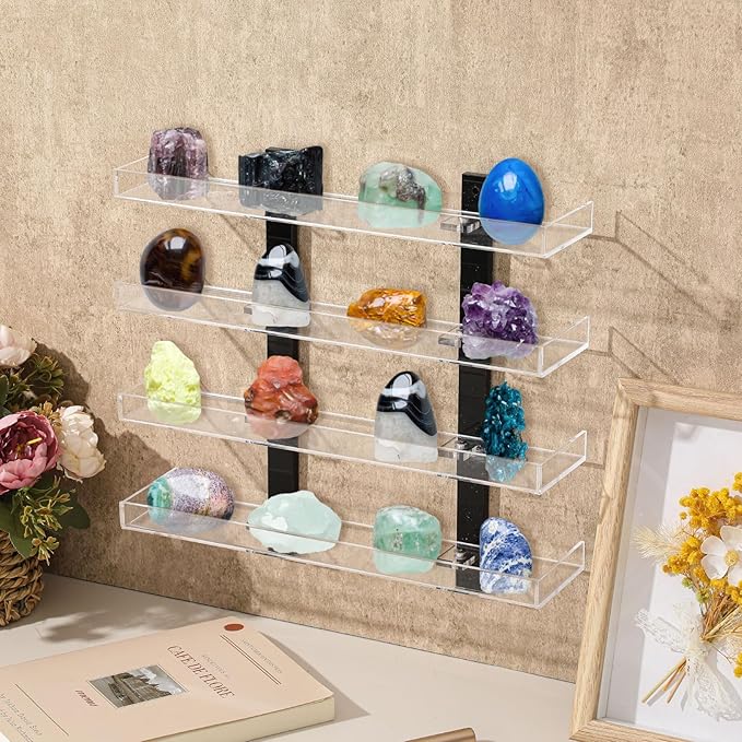 Novabright 4 Layer Rock Display Shelves Clear Acrylic Floating Shelves Wall Organizer for Stone Collection 11.8" Rock Display Stand for Stone Minerals Gemstones Crafts Figure Perfume for Living Room