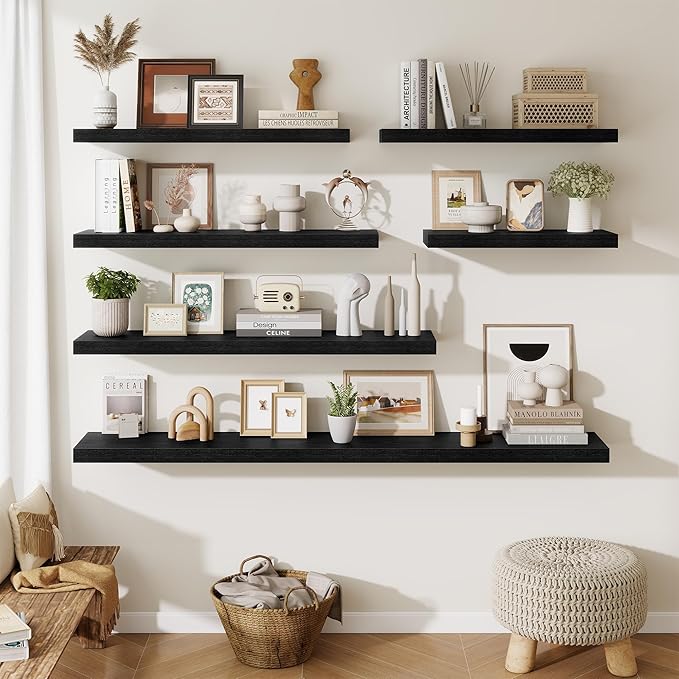 Fun Memories 24 Inch Floating Shelves Wall Mounted, 10 Inch Deep Wall Shelves, 24 x 10 Floating Shelf for Living Room Bathroom Bedroom, Black, Set of 2