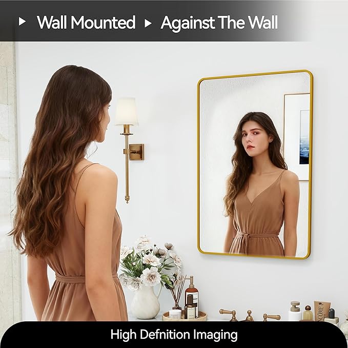 SCWF-GZ 20x30 Rectangle Mirror Full Length Wall Mounted Hanging or Against Wall Metal Frame Dressing Make-up Mirrors for Entryway Bedroom Bathroom Living Room 20 30 inch Gold