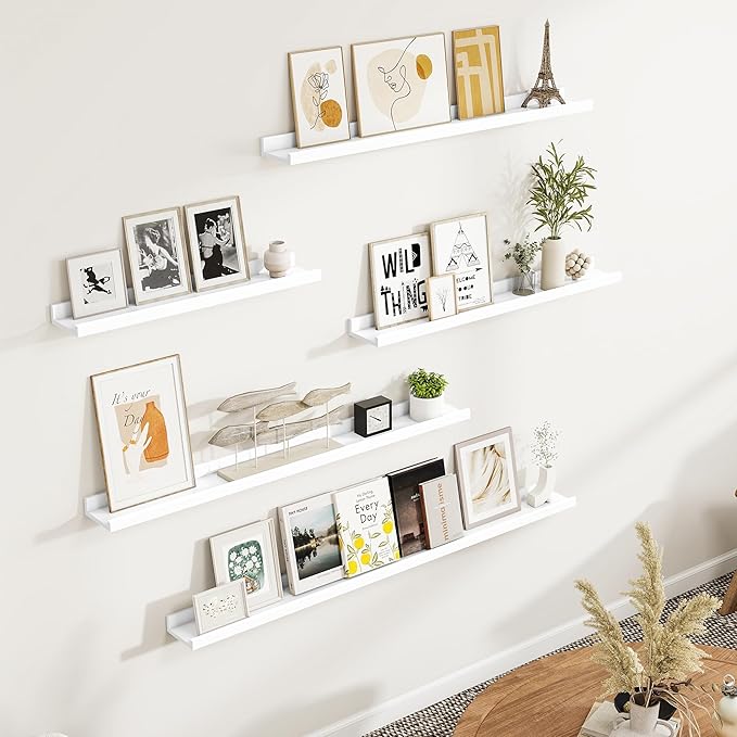 Fun Memories Picture Ledge Shelf, White Floating Shelves Set of 4, 24 Inch Picture Shelves for Wall with Ledge, Large Nursery Book Shelf for Toys Storage, Living Room, Bedroom Decor Frames