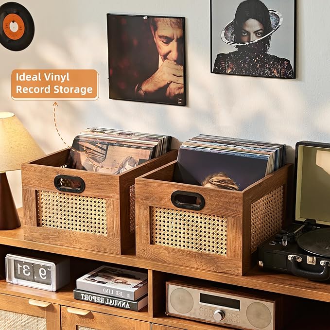 LELELINKY Vinyl Record Storage Crate, Rattan Vinyl Record Holder with Handle, Wood Record Crate for Vinyls Holder up to 75 LP's, Desktop Cube Album Storage for Vinyls Records(Tea Brown)