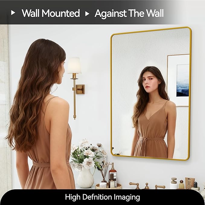 SCWF-GZ 24x36 Vanity Mirror Full Length Wall Mounted Aluminum Alloy Metal Frame Dressing Round Rectangle Mirrors for Entryway Bedroom Bathroom Living Room Horizontally or Vertically 36x24 inch Gold