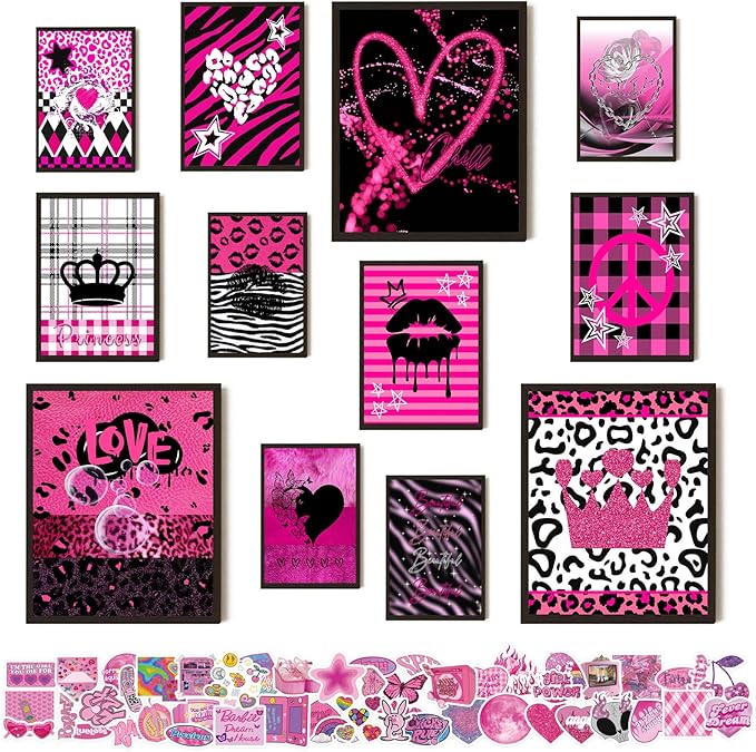 KBKBART Mcbling Y2k Room Decor Aesthetic, 12 Pcs Trashy Y2k Posters and 50 Pcs Y2k Sticker for Teen Girl's Bedroom, Early 2000s Room Decor, Hot Pink Wall Art Aesthetic Pictures, Emo Baddie Prints Wall Collage for Dorm Bedroom Apartment Decor (UNFRAMED)