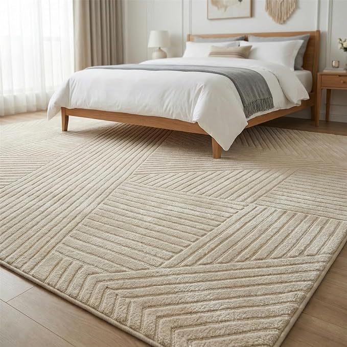 8x10 Solid Color Area Rugs, Brown Modern Geometric Rug, Living Room Rug, Durable Non-Slip Soft High-Low Pile, Fluffy Floor Rugs for Bedroom, Kids Room, Nursery, Home Décor, Light Brown