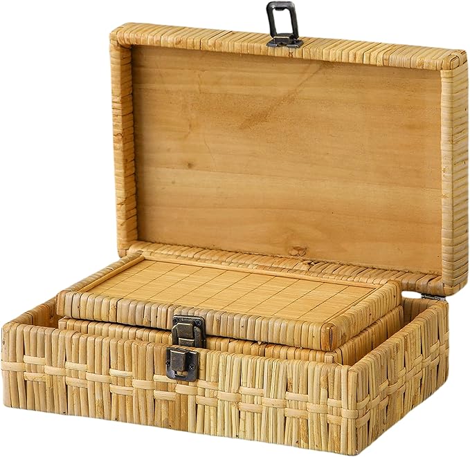 SOFE Rectangular Rattan Box with Lid Set of 2 - Boho Decorative Basket for Shelf Bathroom Storage - Woven Bins Organizer for Jewelry, Snacks, Toys, Keys