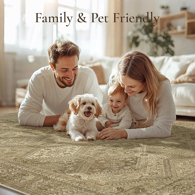 GENIMO 3x5 Area Rugs for Living Room, Machine Washable Non Slip Vintage Rugs, Low Pile Lightweight Print Rug for Bedroom, Dining Room, Home Office, Tan Brown