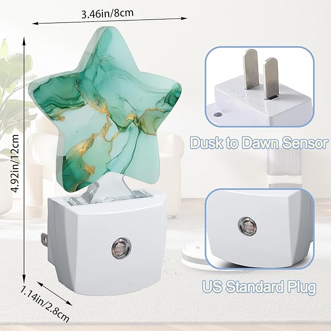 Green Gold Marble Dusk to Dawn Star Night Light,Abstract Smart Sensor Nightlight for Bedroom Kitchen Hallway Stairs,Plug-in Energy Efficient Decor Desk Lamp Women Men Gifts