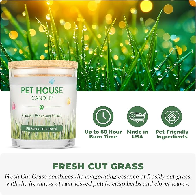 Pet House Candles, 9 oz Fresh Cut Grass Scented Candle, Clean Burning, Long Lasting Plant-Based Pet Friendly Candle, 60 Hour Burn Time