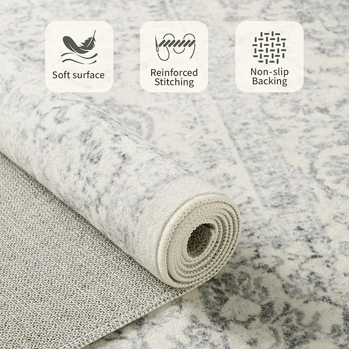 Rugxara 8x10 Washable Area Rug for Living Room, Extra Large Neutral Vintage Boho Rugs for Office, Kids Room, Farmhouse, Durable Low Pile Non Slip Carpet for High Traffic Areas, Light Grey