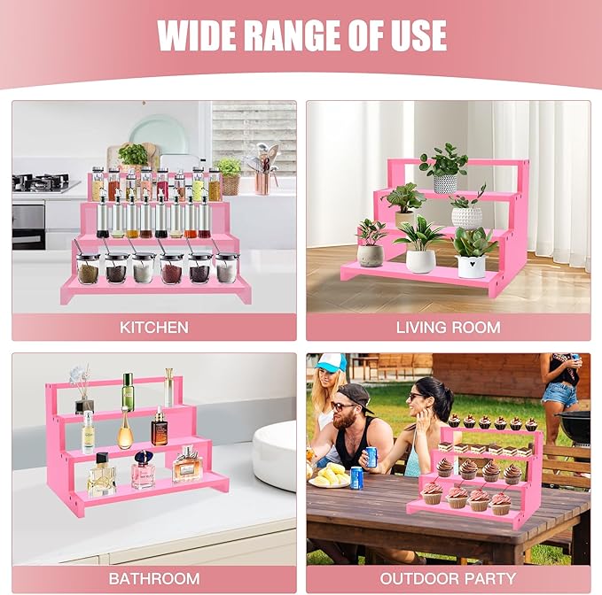 Wooden Perfume Stand for Women 4 Tier Pink Perfume Organizer Stand Perfume Display Shelf & Holder for Women’s Dresser & Vanity Desktop Rack for Fragrance Figures Dessert Cupcakes Decoration