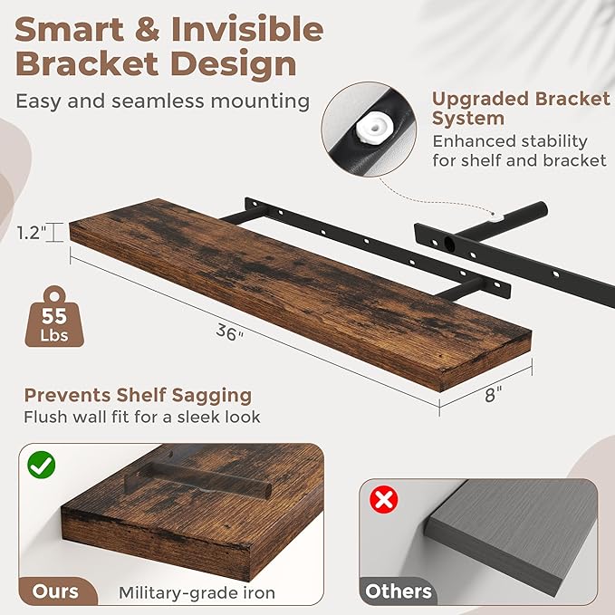 36 Inch Floating Shelves for Wall with Invisible Brackets Set of 2, 8"D Engineered Wood Wall Shelves with Wood Grain for Living Room, Bedroom, Bathroom, Kitchen Decor and Storage, Rustic Brown Finish
