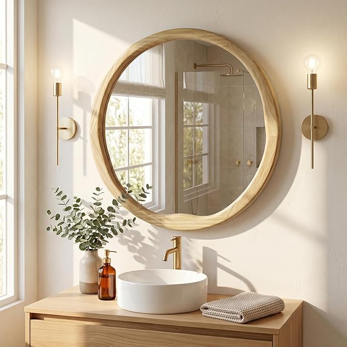 Natural Wood Round Mirror 24 Inch, Solid Wood Framed Wall Mirror with Irregular Wavy Inner Edge for Bathroom Vanity, Bedroom & Boho Decor