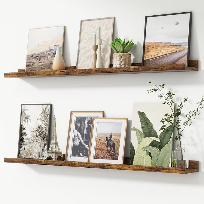 FLYJOE Picture Ledge Shelf, Floating Shelves Set of 2, 44 Inches Nursery Book Shelves for Toys Storage, Kids Bookshelf Wall Mounted for Living Room Bedroom Decor Books Photo Frames, Rustic Brown