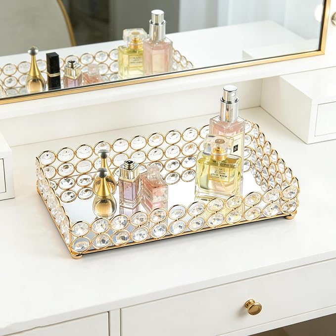 Feyarl 10 Inch Crystal Cosmetic Perfume Tray Vanity Makeup Jewelry Trinket Organizer Mirrored Decorative Tray Storage for Coffee Table Home Deco Wedding Dresser Birthday Gift (Gold)