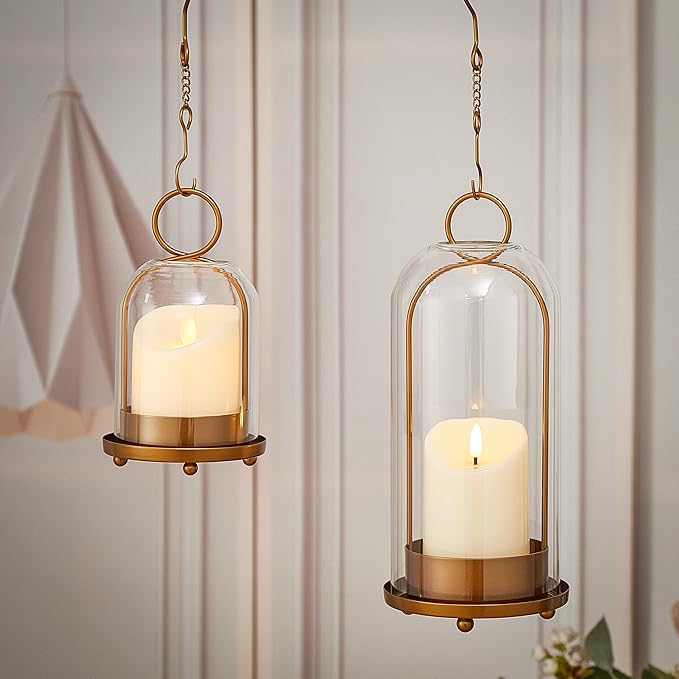 Hurricane Metal & Glass Candle Holder Gold Set of 2, Decorative Candlestick Pillar Candle Holder with Clear Glass for Wedding Party Christmas Holiday Dining Table Centerpiece Lanter