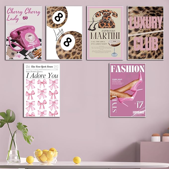 ZxXzkwpP Pink Cheetah Print Room Decor Poster, Trendy Fashion Leopard Print Wall Art Aesthetic Lucky 8 Ball Poster Coquette Preppy Y2k Red Funky Art For Bedroom (Pink 16x24x6 Unframed)