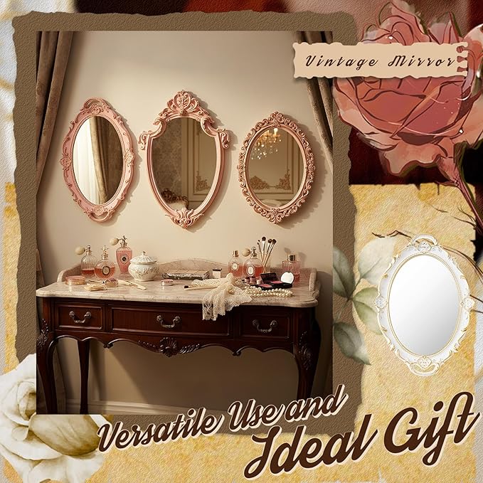 Beeveer 3 Style Vintage Mirrors Set Decorative Oval Wall Mirror Small Antique Mirrored Tray Decorative Hanging Mirror for Bathroom Bedroom Jewelry Organizer Victorian Decor (Shield,Pink)