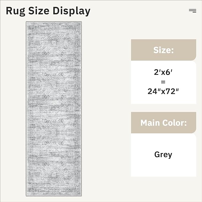 Soalmost Runner Rug 2'x6' Washable Non-Slip Runner Rugs for Kitchen Bathroom Laundry Room Grey Vintage Floor Carpet Runners for Hallway Entryway