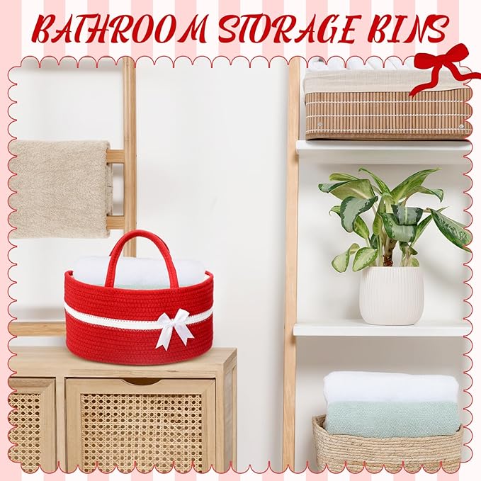 Yinkin 1 Pcs Extra Large Cotton Rope Storage Basket with Handles and Removable Divider Woven Gift Baskets with Bow for Closet Bedroom Nursery Toys Organizing, 14.17 x 8.66 x 7.09 Inch(Red and White)
