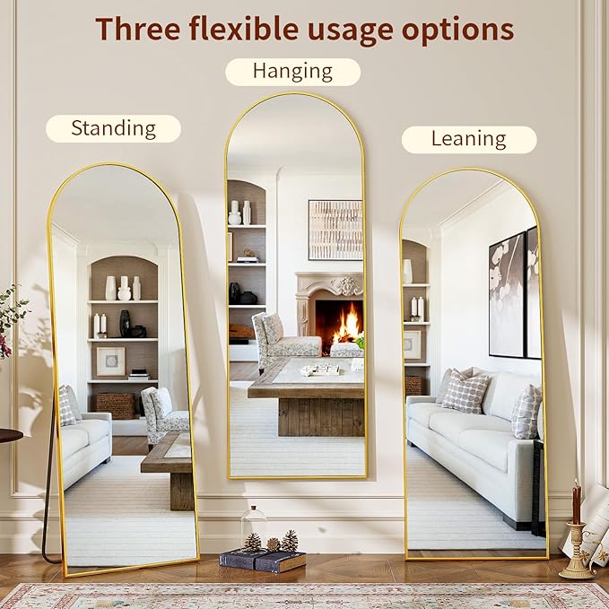 59"x16" Arched Mirror Full Length, Standing Floor Mirror, Wall Mounted Mirror with Aluminum Frame - for Standing, Leaning or Hanging, for Living Room Dressing Room, Gold