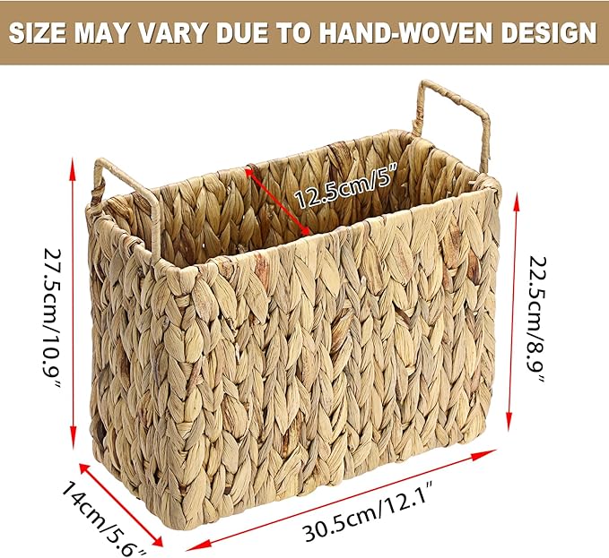 BTSKY Woven Magazine Holder, Water Hyacinth Magazine Basket, Natural Narrow Storage Basket Bin for Books & Files, Magazine Rack with Built-in-Handle for Home, Office & Desk - 12.1x5.6x10.9 Inch
