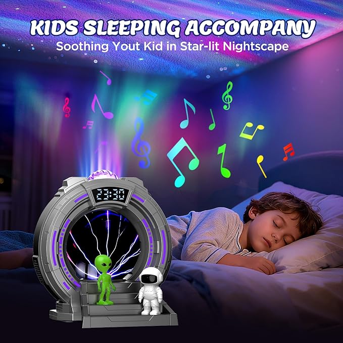 Flumy Galaxy Northern Lights Projector, Plasma Globe Lamp Aurora Projector for Kids with White Noise Alarm Clock, Boys Room Decor with Music, Ideal Gifts for Sci-Fi Fans