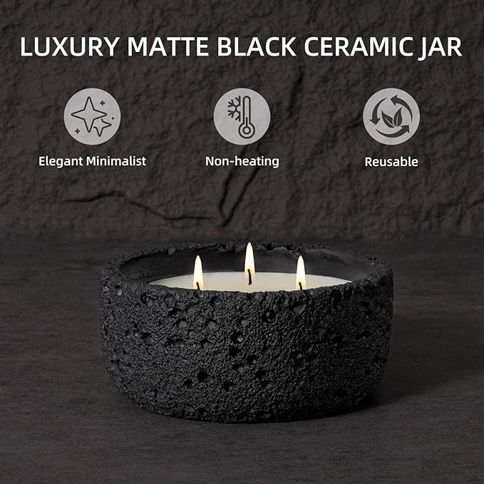 Viyffo 20oz Large Scented Candle - Sage & Eucalyptus, 3 Wick Home Scented Candle, Non Toxic Soy, Black Textured Ceramic Jar, Luxury Fragrance, Modern Home Décor & Spring Gift for Men and Women