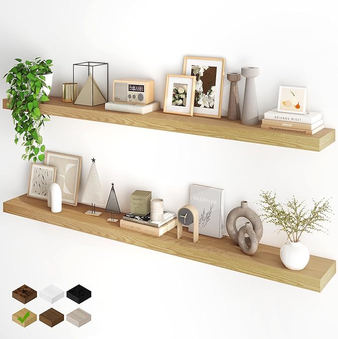 Fun Memories 66 Inch Fireplace Mantel - Long Floating Shelf, Wall Mounted Farmhouse Display with Invisible Heavy Duty Metal Bracket, Oak, 2 Pack