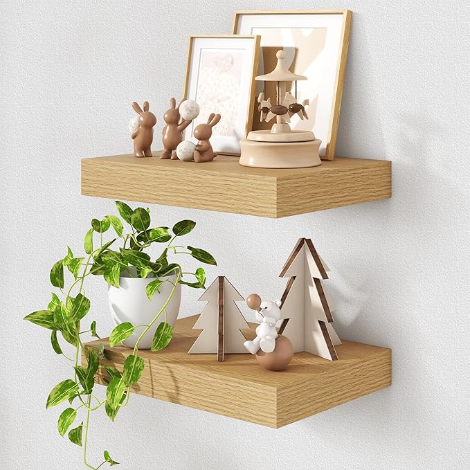 FLYJOE 12 Inch Deep Floating Shelves | 16 Inch Oak Floating Shelves Set of 2 | 16W x 12D Rustic Shelves for Wall | Deep Wood Shelves for Living Room Bathroom Kitchen Bedroom