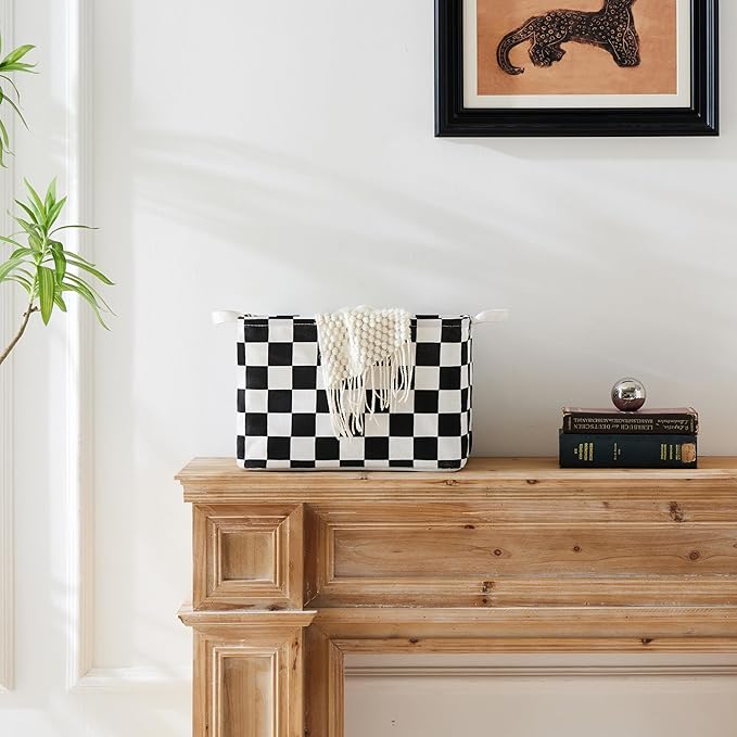 Ohocut Black White Checkered Canvas Basket, Rectangular Organizing Decorative Storage Basket for Kids Dog Toy, Cute Aesthetic Race Cars Boy Room Decor for Home, Kitchen, Bedroom, Classroom, Shelves