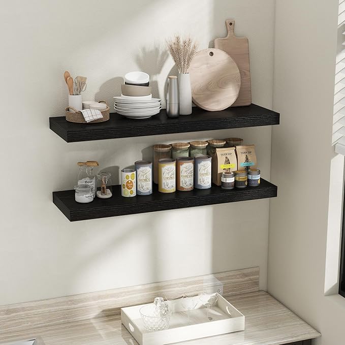 Fun Memories 12 Inch Deep Floating Shelves, 40 x 12 Floating Shelves for Wall Set of 2, Extra Deeper Hanging Wood Wall Shelves for Bedroom, Living Room, Kitchen, Black