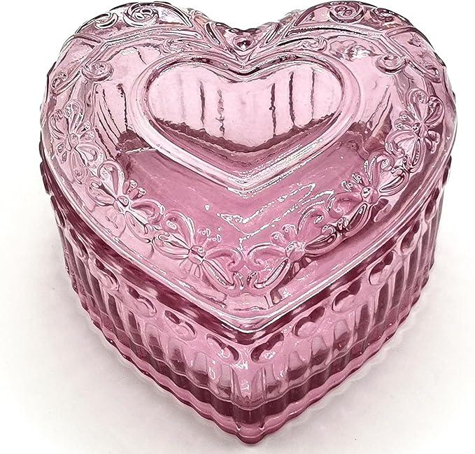 Cute Glass Jewelry Box - Heart Shape Cute Box for Storage Ring Earring Trinket Vintage Jewelry Organizer Decorative Gift for Women Girls-GRB003-Rose Red