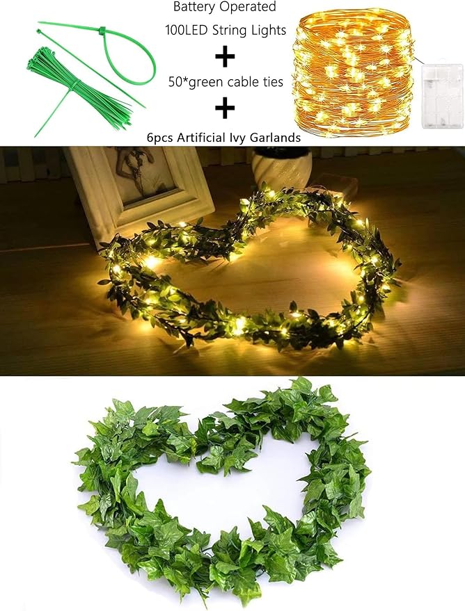 Comtelek Fake Vines for Room Decor Artificial Ivy Garland with 100 LED String Light Hanging Plants Faux Greenery Leaves Bedroom Aesthetic Decor for Home Garden Wall Wedding（6Pack with 100LED）