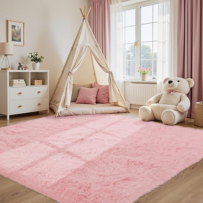 Fluffy Pink Area Rug for Bedroom Living Room Soft 8x10 Fuzzy Washable Rugs Non-Shedding Indoor Plush Rug for Nursery Kids Room Dorm Room Home Decor, High Pile Shaggy Floor Carpets(Dark Pink 8'x10')