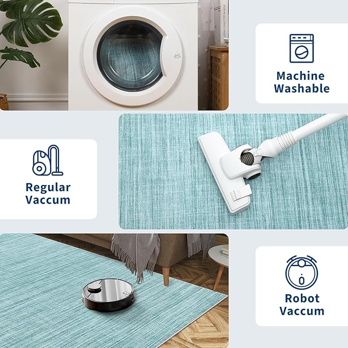 Washable Area Rug 8x10 for Living Room Bedroom Non Slip Minimalist Solid Color Area Rugs Modern Abstract Plain Dining Room Throw Carpet Low Pile Soft Classic Boho Rugs for Kitchen Nursery Oiifce, Blue