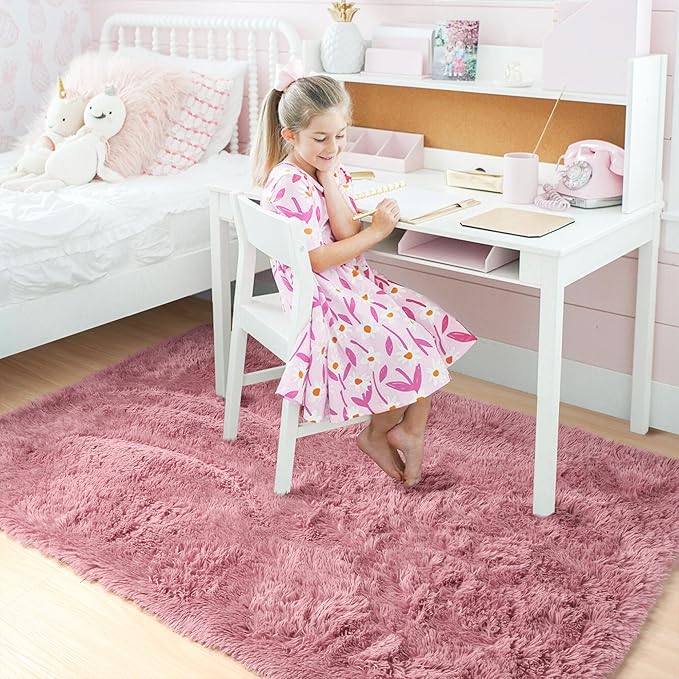 Amdrebio Blush Pink Area Rugs for Living Room Girls Bedroom, 6x9 Kawaii Shaggy Fluffy Rugs for Kids Room Playroom, Plush Shag Fuzzy Furry Carpet for Nursery Dorm Classroom, Cute Dusty Rose Mauve Rug