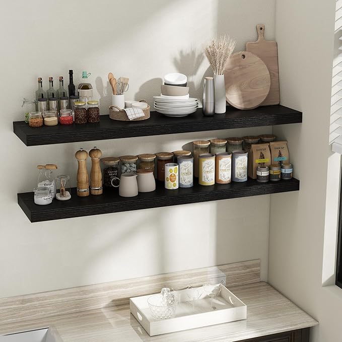 Fun Memories 55 Inch Fireplace Mantel Shelf, 12 Inch Deep Shelves for Display & Wall Storage, Rustic Wood Wall Shelf, Extra Long Floating Shelves for Bathroom Bedroom Living Room, Black, 2 Pack