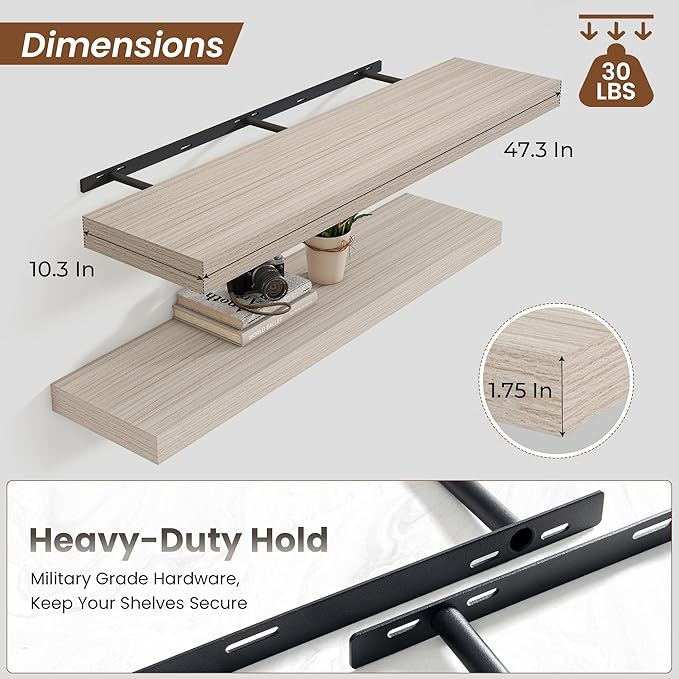 Heimlove Floating Shelves for Wall 48 Inch Long,Extra Large and Thick Wood Shelves Mounted Storage Hanging Shelf Invisible Bracket for Bedroom,Living Room,Kitchen,Office,Set of 2,Grey