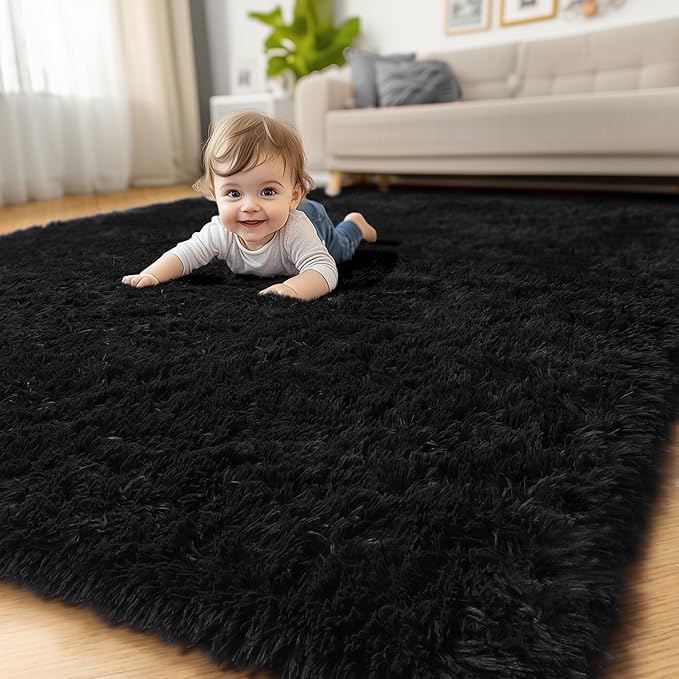 Amdrebio Black Area Rugs for Bedroom, 5x8, Large Fluffy Rug for Living Room Decor, Modern Cool Rugs for Kids, Boys, Men, Furry Shaggy Carpets for Classroom, Fuzzy Plush Gothic Carpet for Home Office