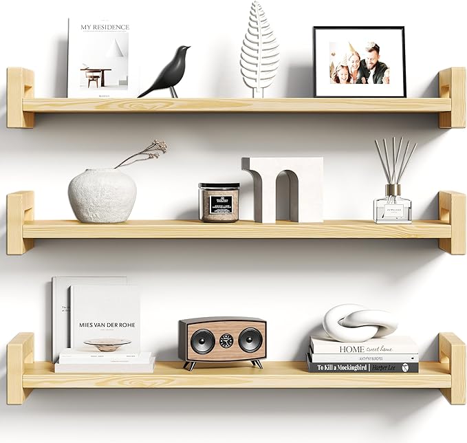 Vailando Floating Shelves for Wall, Set of 3 Solid Wood Wall Mounted Shelves, 23.6" Natural Wood Display Shelf for Bedroom, Living Room, Bathroom, and Kitchen Decor - Heavy-Duty & Natural Pine