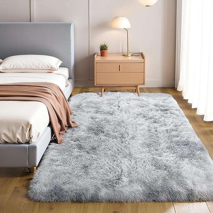 KICHOWUA Thick Area Rug Light Grey Fluffy Shag 3x5 for Bedroom, Soft Plush Fuzzy Shaggy Carpet, Thickened Washable Non Slip Cozy Furry Rugs for Living Room, Kids Baby Nursery Dorm, Tie-Dye Gray