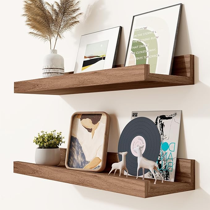 Heimlove Picture Ledge Shelf, Small Floating Shelves Set of 2, 16 Inches Picture Shelf for Wall with Ledge, Kids Bookshelf Wall Mounted for Living Room Bedroom Decor，Walnut Color